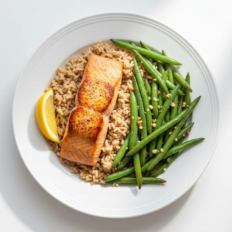 Seared Salmon with Garlic Green Beans and Brown Rice