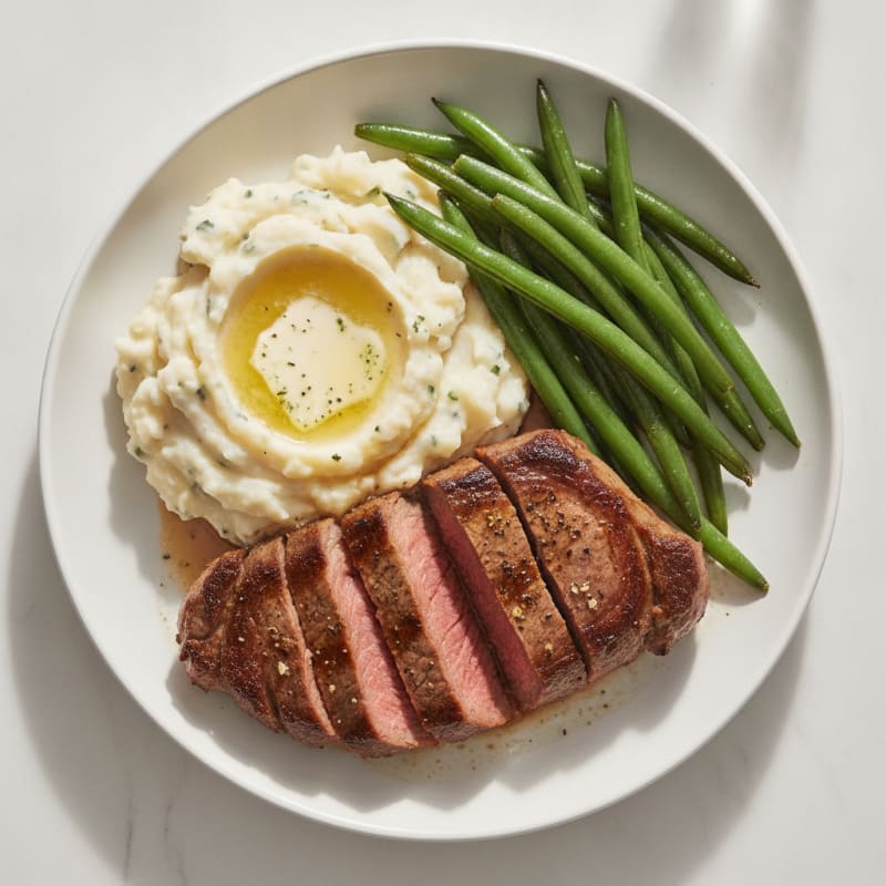 Seared Sirloin Steak with Creamy Garlic Mashed Potatoes and Sautéed Green Beans