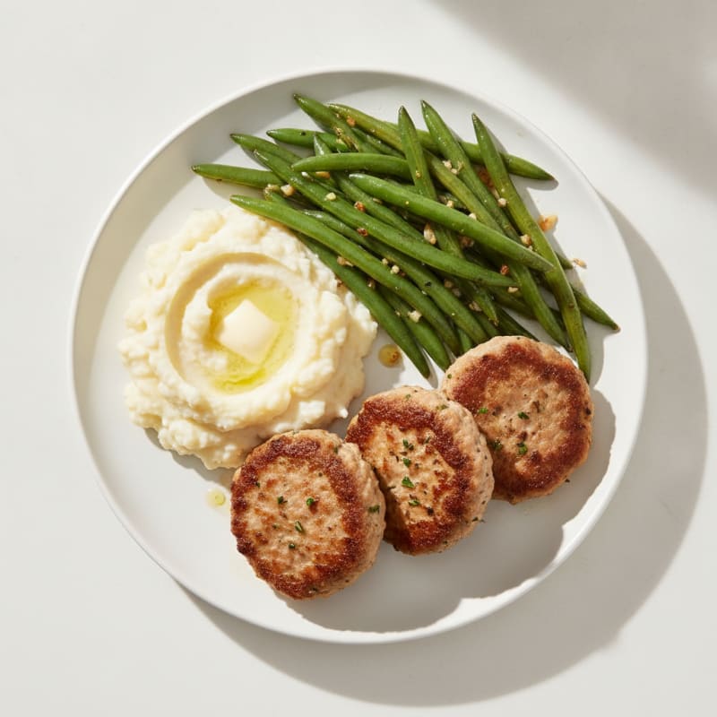 Seared Turkey Patties with Garlic Green Beans and Cauliflower Mash