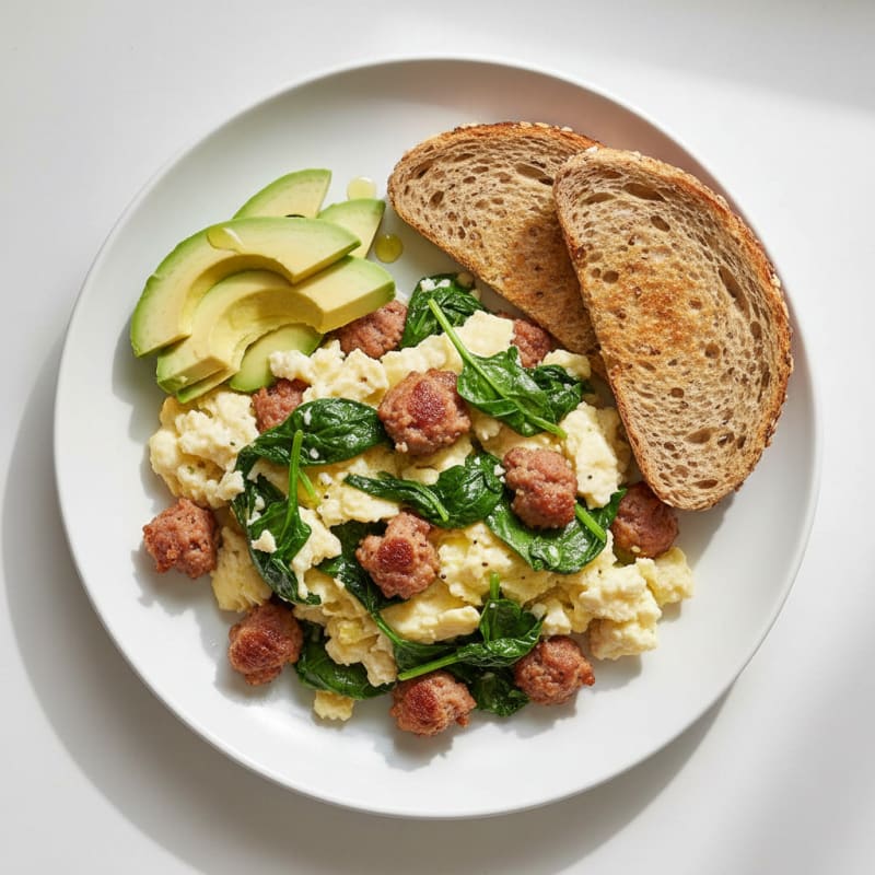 Egg White Scramble with Turkey Sausage and Sautéed Spinach