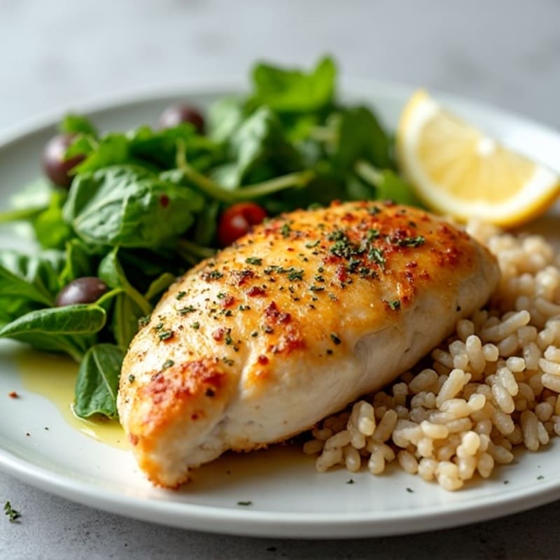 Lemon-Herb Roasted Chicken with Fluffy Brown Rice and Fresh Mixed Greens