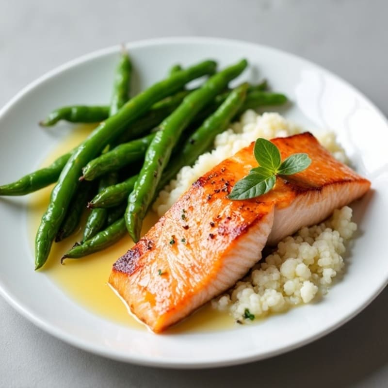 Seared Salmon with Steamed Green Beans and Cauliflower Mash