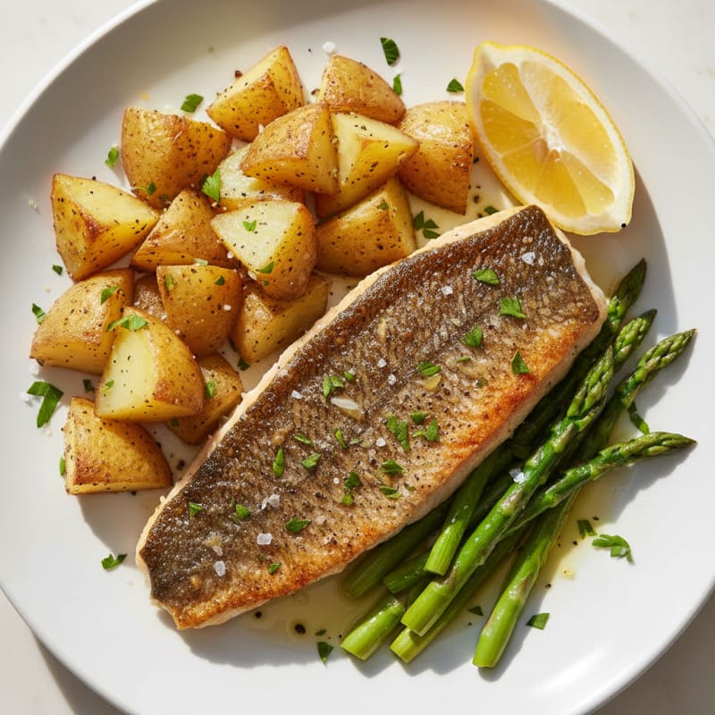 Pan-Seared Sea Bass with Roasted Potatoes and Asparagus