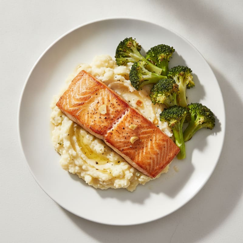Seared Salmon Fillet with Steamed Broccoli and Garlic Mashed Cauliflower