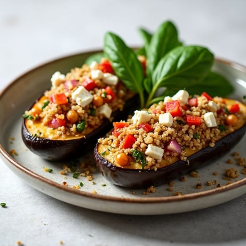 Roasted Stuffed Eggplant with Hearty Quinoa and Vegetable Filling