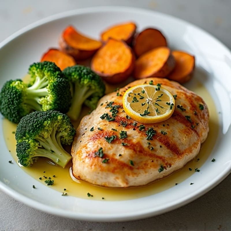 Lemon-Herb Pan-Seared Chicken with Roasted Crispy Broccoli and Sweet Potatoes