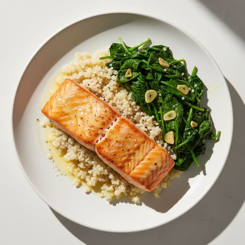 Pan-Roasted Salmon with Garlic Sautéed Spinach and Quinoa