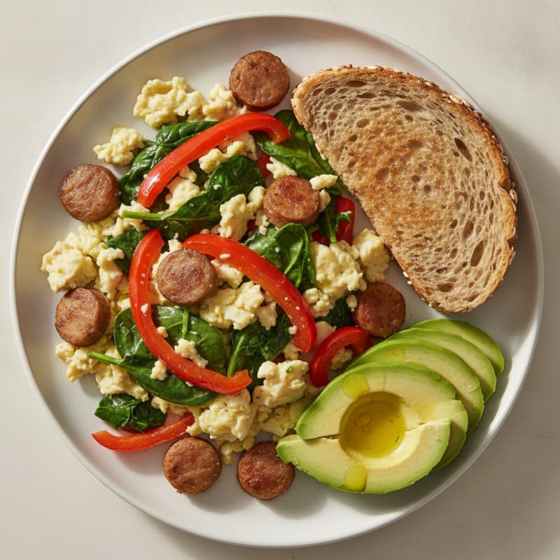 Egg White and Turkey Sausage Scramble with Spinach and Bell Peppers