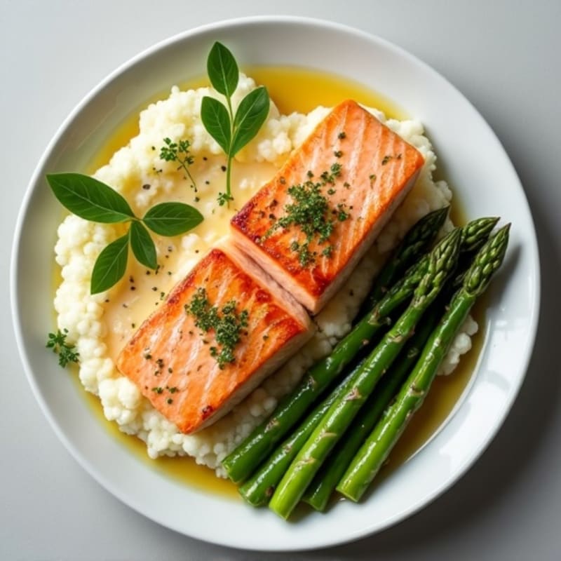Seared Salmon with Steamed Asparagus and Cauliflower Mash