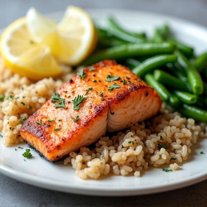Seared Salmon Filet with Garlic Green Beans and Brown Rice