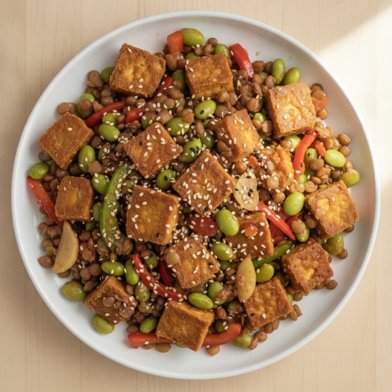 Lentil and Edamame Stir Fry with Crispy Tempeh