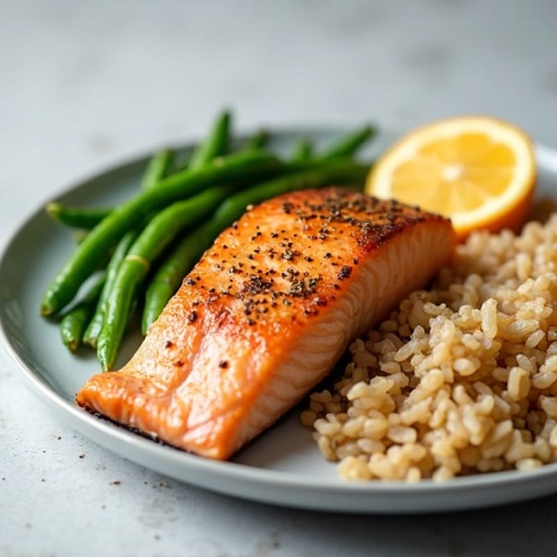 Seared Salmon with Steamed Green Beans and Brown Rice