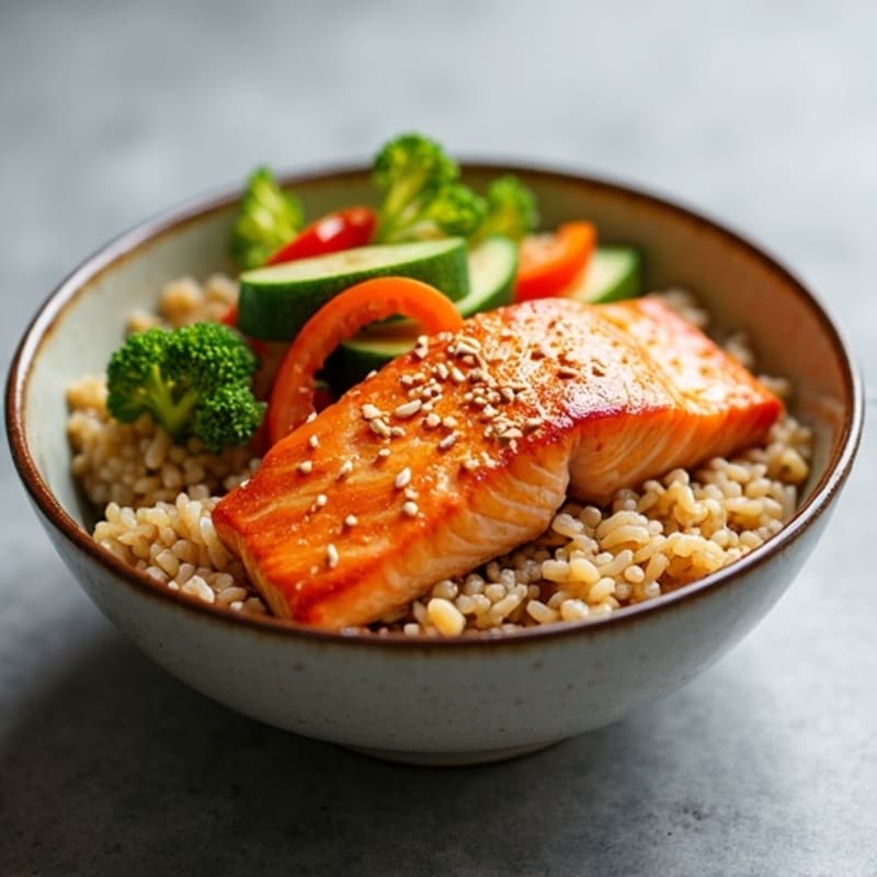 Sesame-Ginger Salmon Brown Rice Bowl with Crisp Vegetables