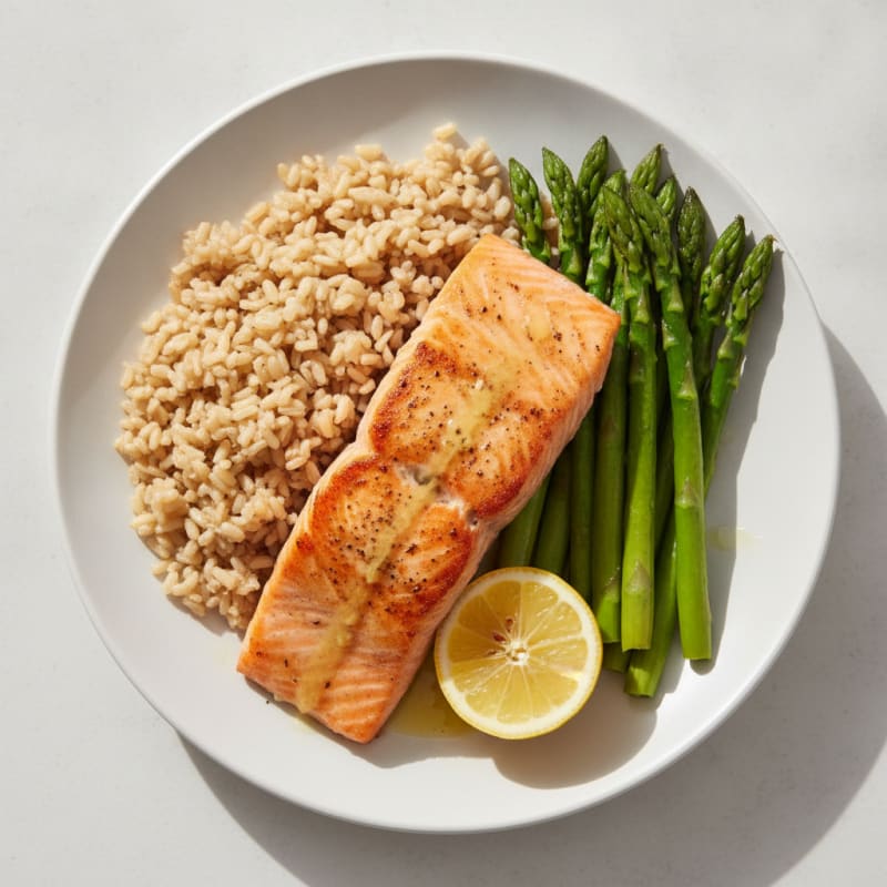Seared Salmon with Steamed Asparagus and Brown Rice