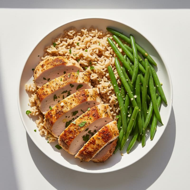 Seared Turkey Breast with Steamed Green Beans and Brown Rice