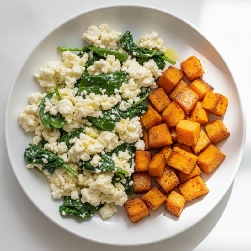 Egg White and Cottage Cheese Scramble with Spinach and Roasted Sweet Potato