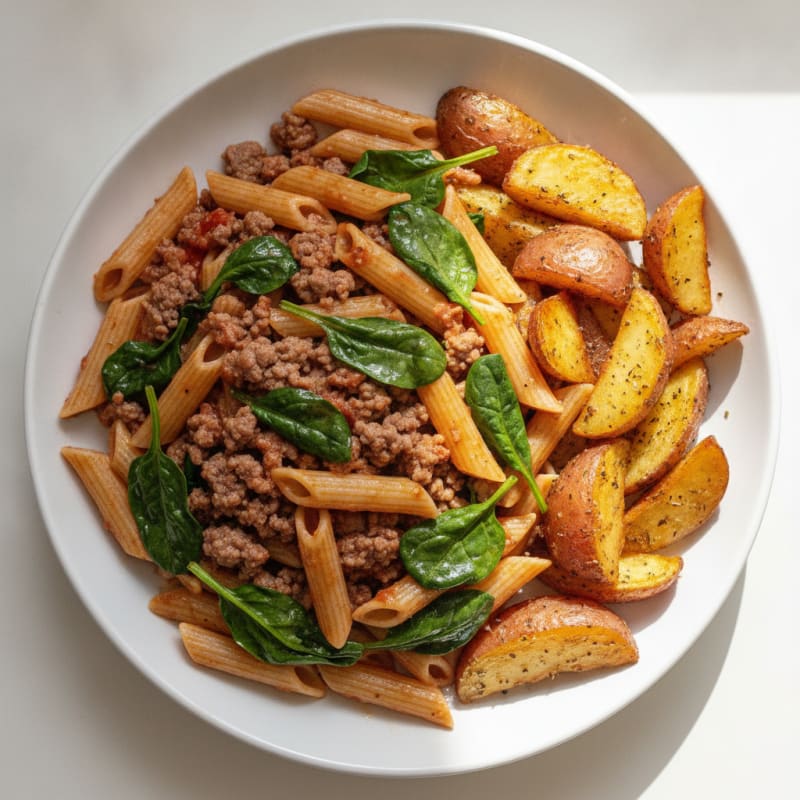 Lean Ground Beef and Spinach Pasta with Roasted Potatoes