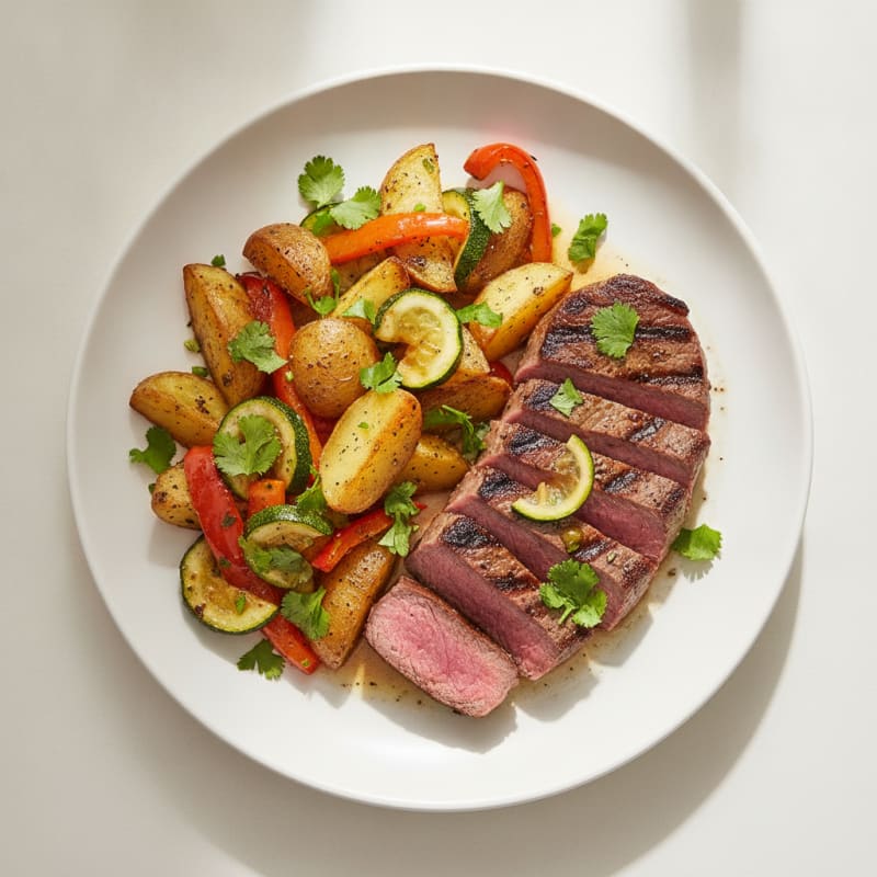 Seared Steak with Herb-Roasted Potatoes and Mixed Roasted Vegetables