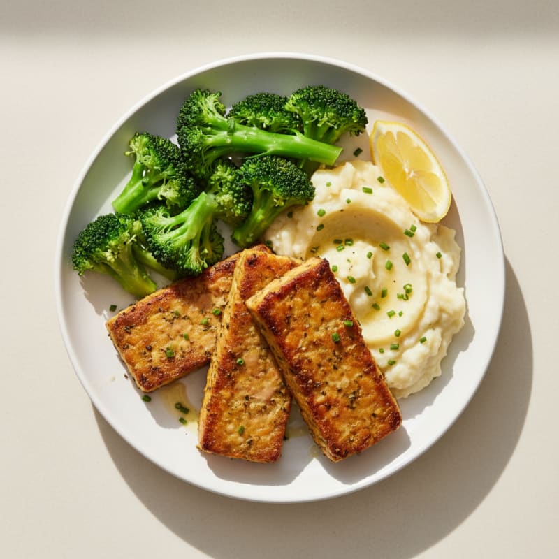 Herb-Roasted Tempeh with Steamed Broccoli and Garlic Mash
