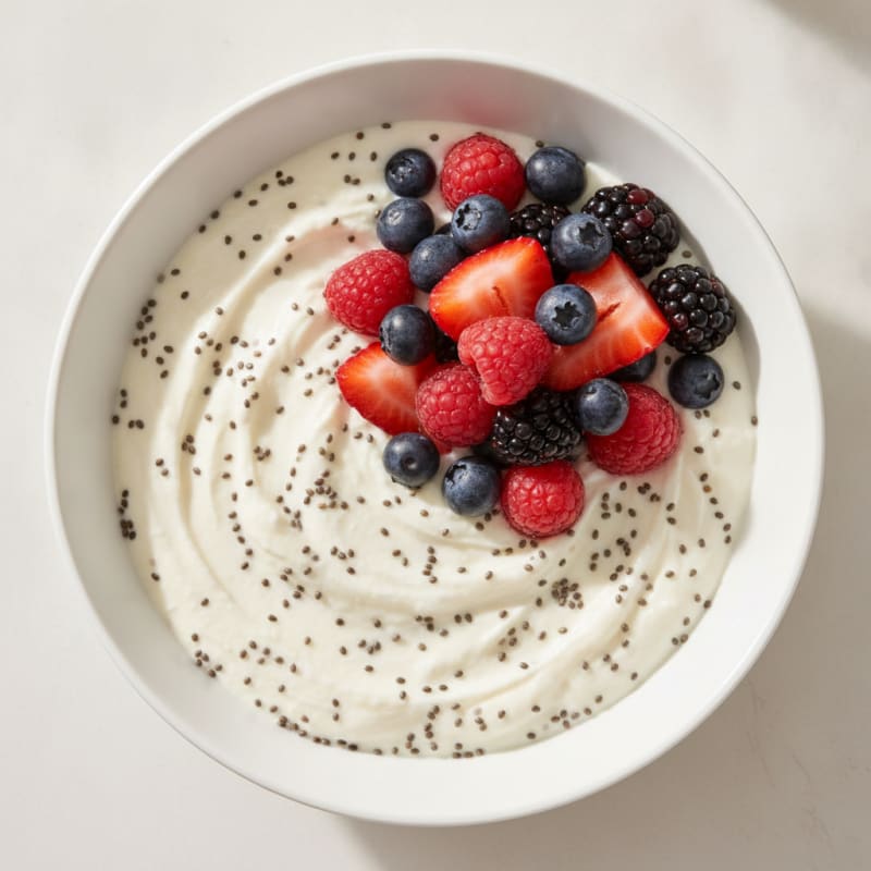 Greek Yogurt Protein Pudding with Chia Seeds and Mixed Berries