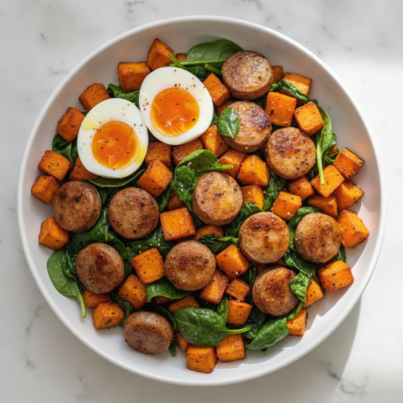 Crispy Chicken Sausage and Sweet Potato Hash with Spinach and Eggs
