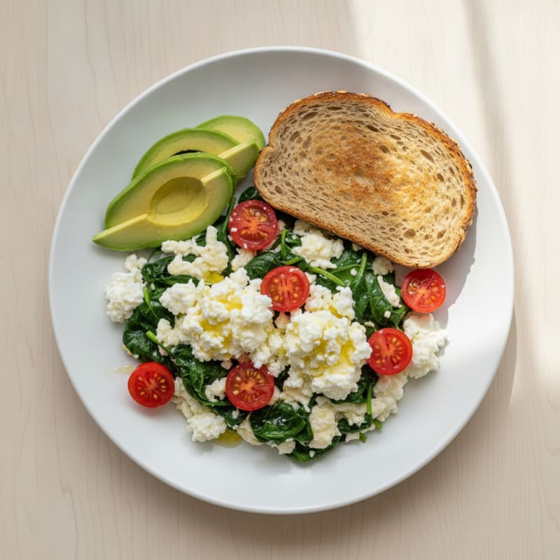 Egg White and Spinach Scramble with Cottage Cheese and Cherry Tomatoes