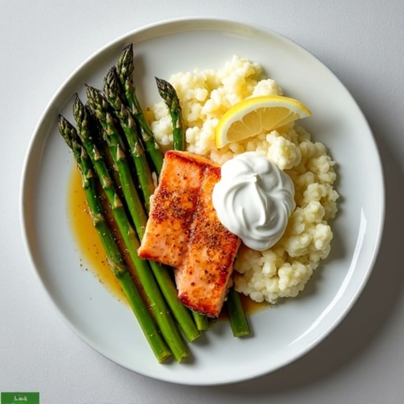 Seared Salmon with Roasted Asparagus and Cauliflower Mash