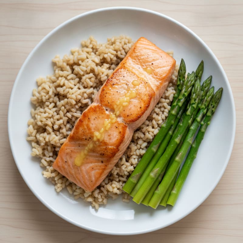 Seared Salmon Fillet with Steamed Asparagus and Brown Rice