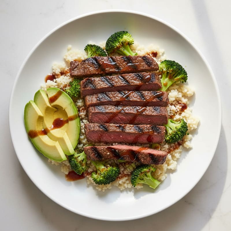 Grilled Beef Strips with Veggie Rice Bowl
