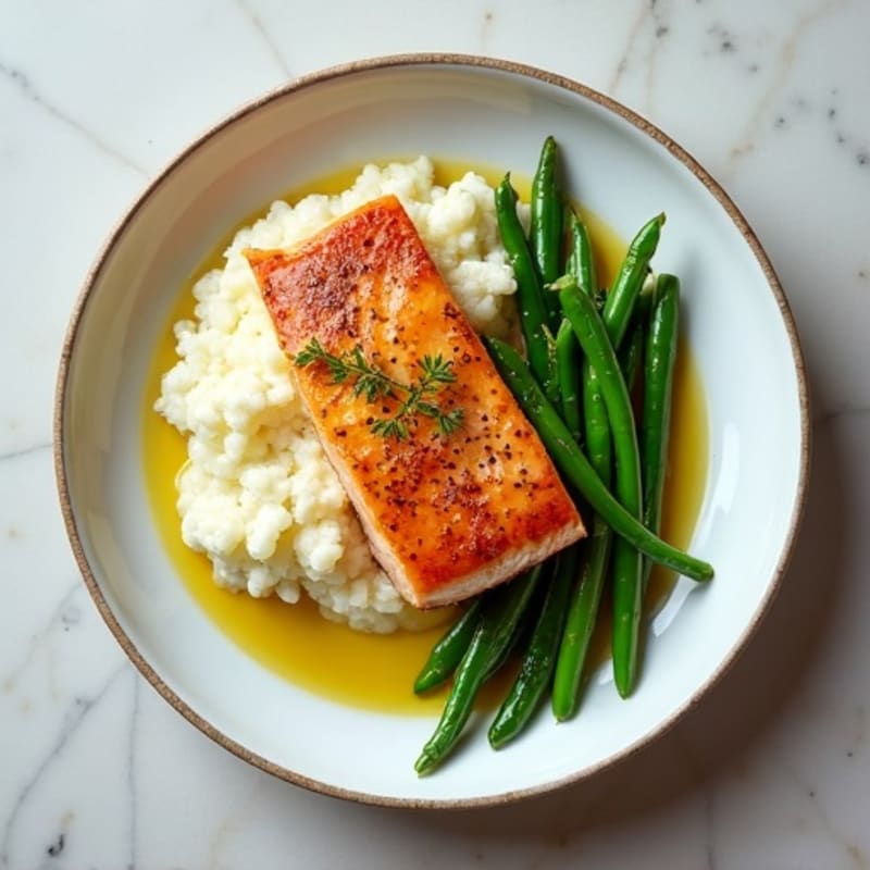 Seared Salmon with Lemon-Garlic Green Beans and Cauliflower Mash