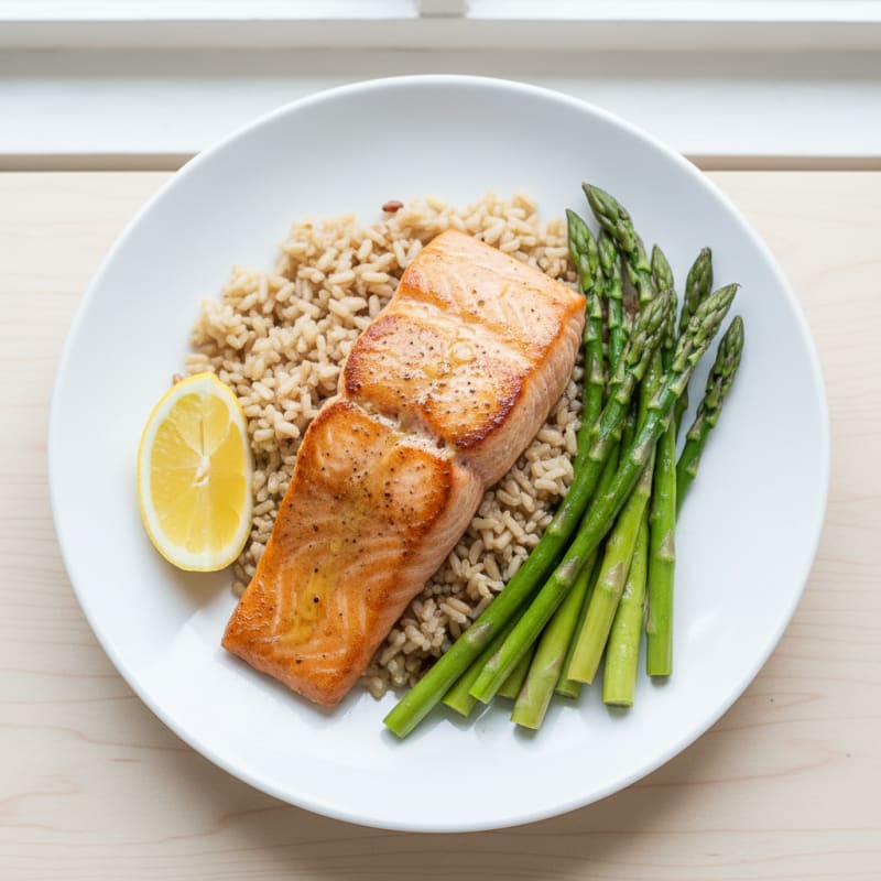 Seared Salmon Fillet with Steamed Asparagus and Brown Rice