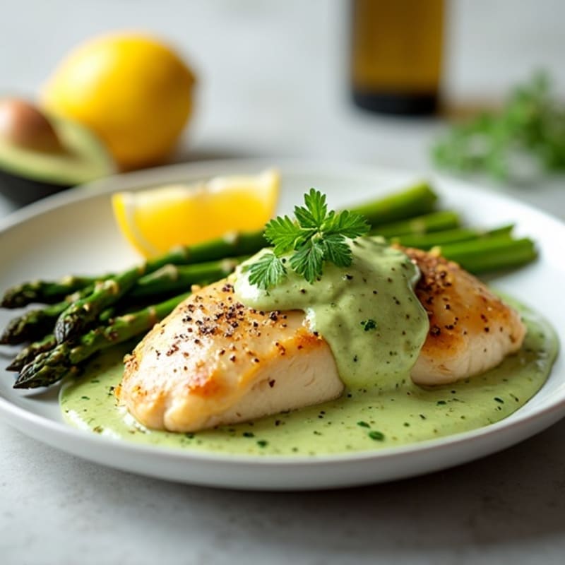 Lemon-Herb Chicken with Creamy Avocado Dressing and Roasted Asparagus