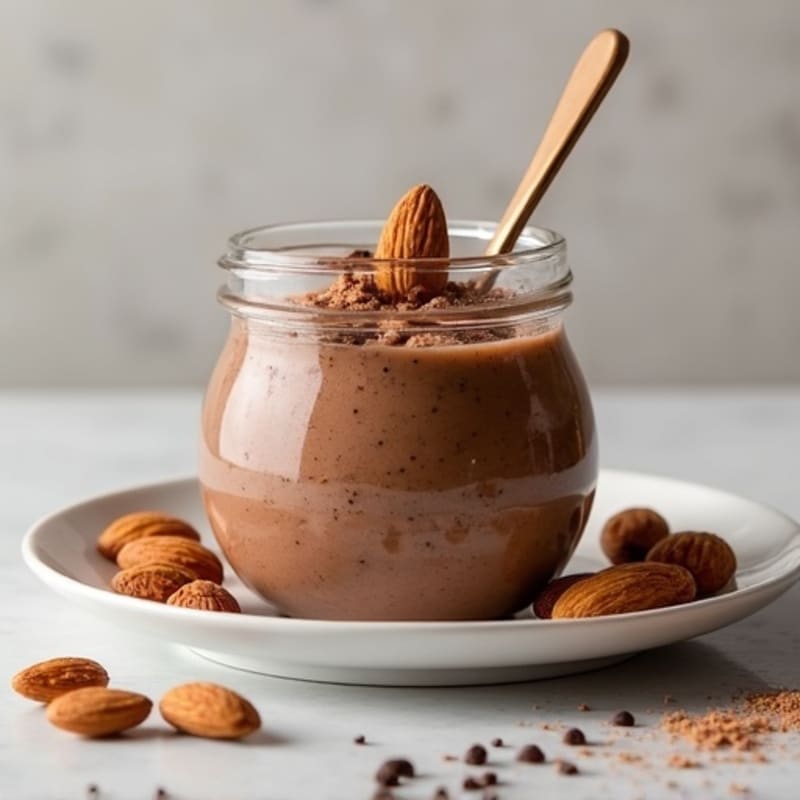 Creamy Chocolate Protein Chia Pudding with Crunchy Toasted Almonds and Cacao Nibs
