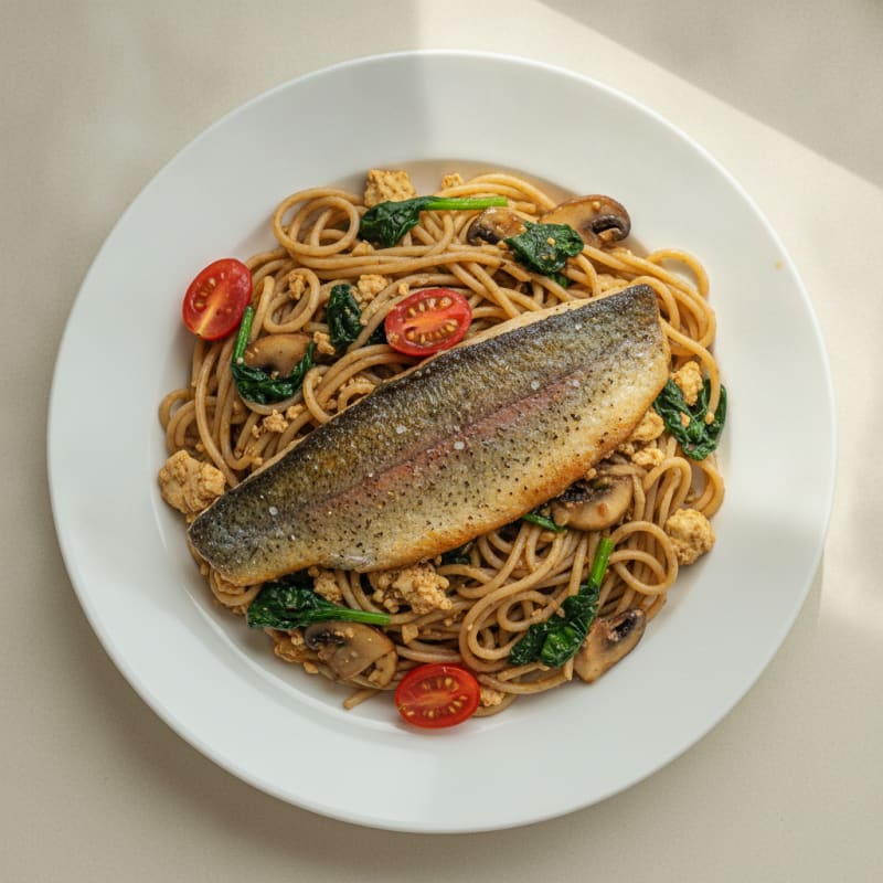 Pan-Seared Trout with Tofu-Mushroom Spaghetti