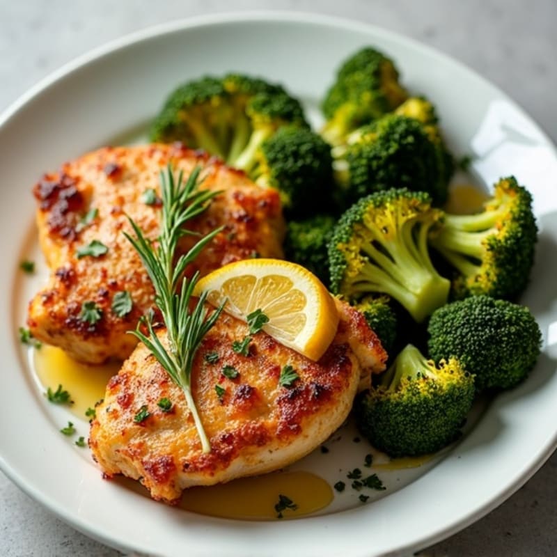 Crispy Lemon Herb Roasted Chicken Thighs with Roasted Broccoli