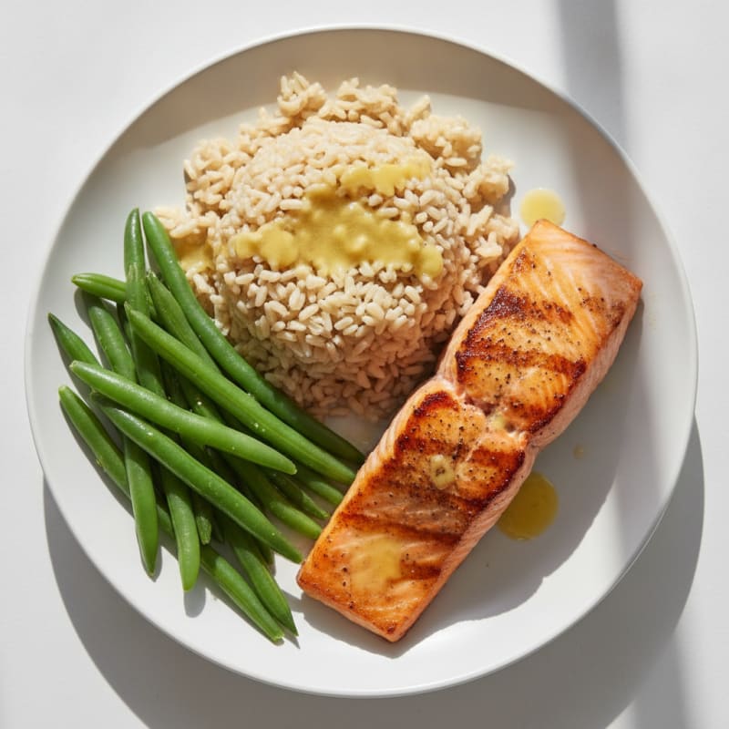 Seared Salmon with Steamed Green Beans and Brown Rice
