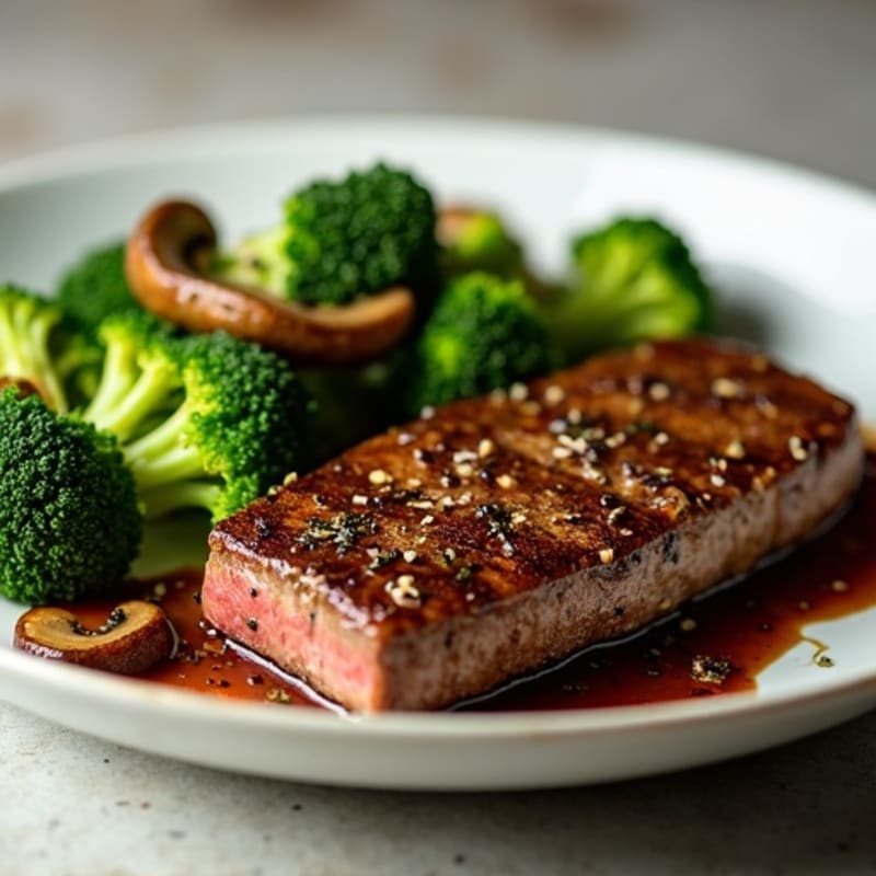 Seared Lean Beef with Roasted Broccoli and Garlic Mushrooms