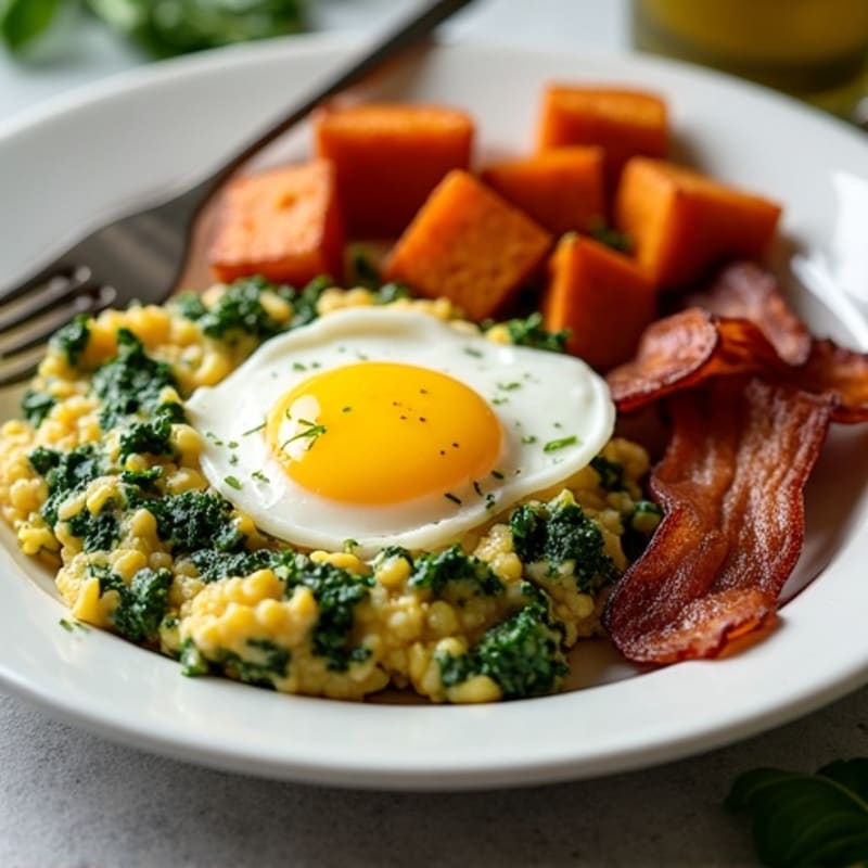 Crispy Turkey Bacon and Spinach Egg Scramble with Roasted Sweet Potato
