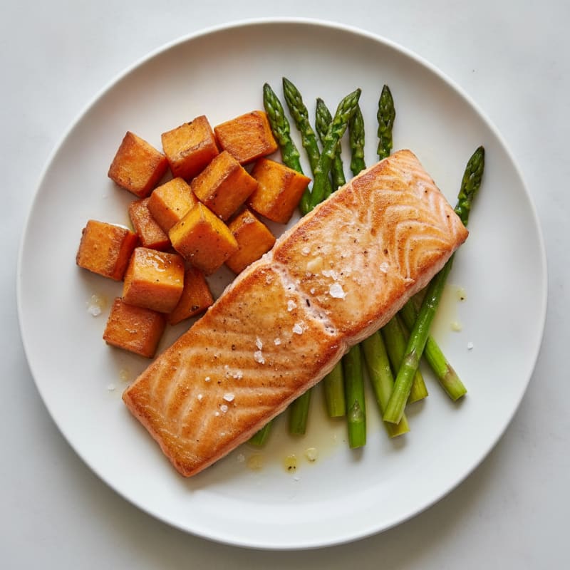 Seared Salmon with Roasted Sweet Potato and Asparagus