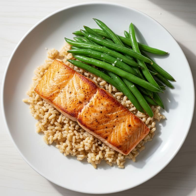 Seared Salmon Fillet with Steamed Green Beans and Brown Rice