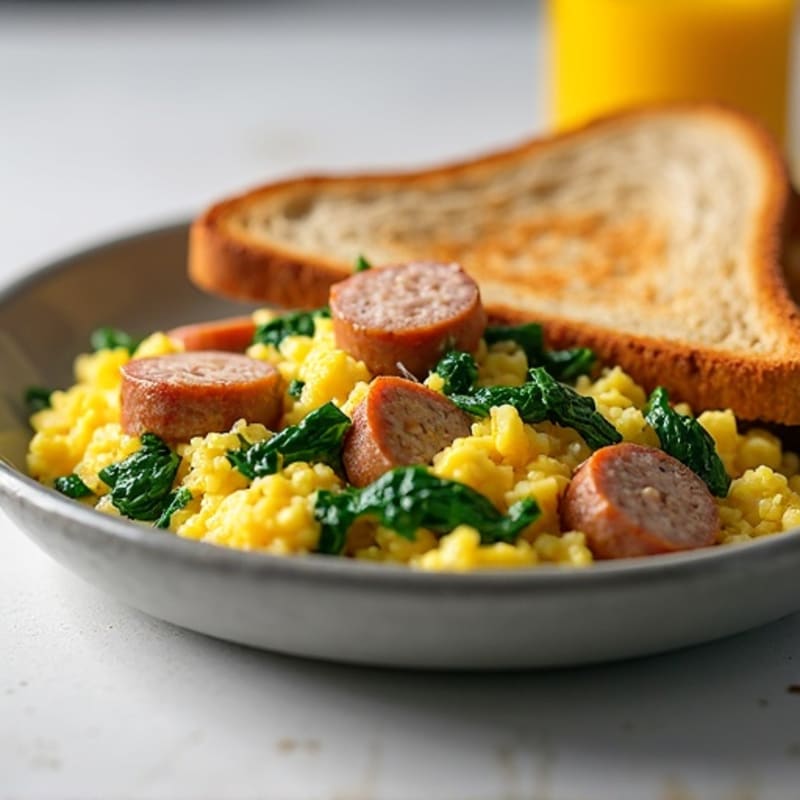 Egg White and Turkey Sausage Scramble with Sautéed Spinach