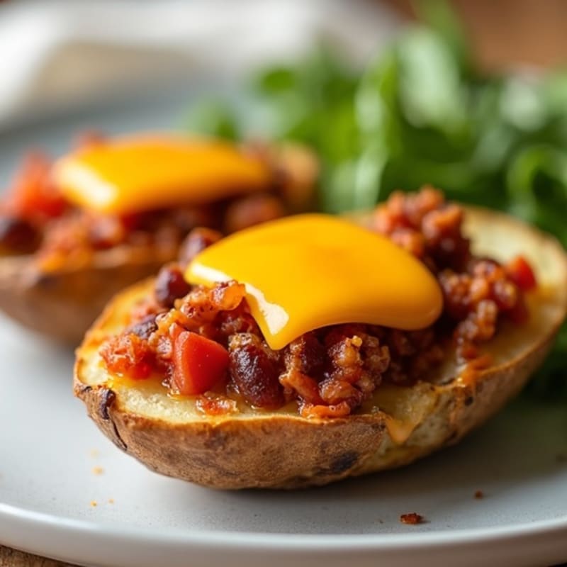Crispy Baked Potato Skins with Hearty Lean Chili and Melted Sharp Cheddar