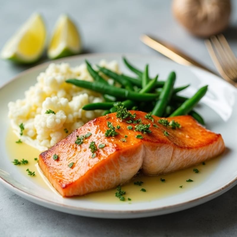 Seared Salmon with Steamed Green Beans and Garlic Mashed Cauliflower