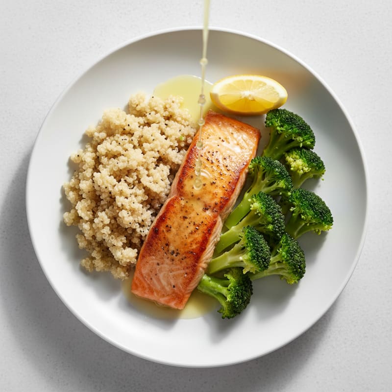 Seared Salmon with Steamed Broccoli and Quinoa