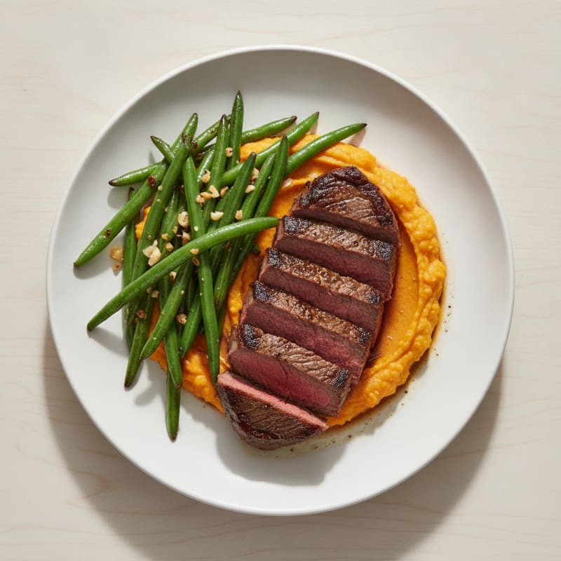 Seared Lean Beef Steak with Garlic Green Beans and Sweet Potato Mash