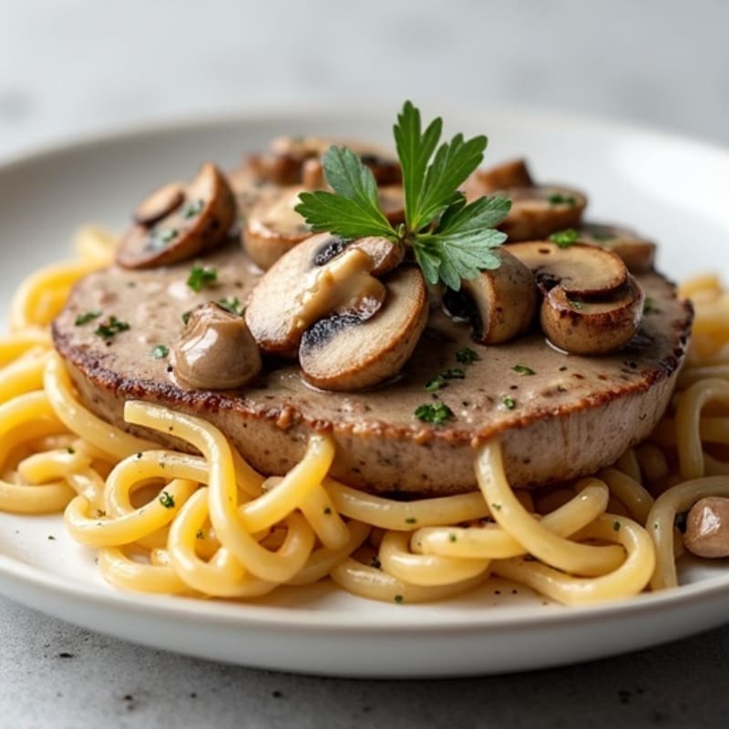 Pan-Seared Lean Beef with Creamy Mushroom Sauce and Whole Wheat Noodles