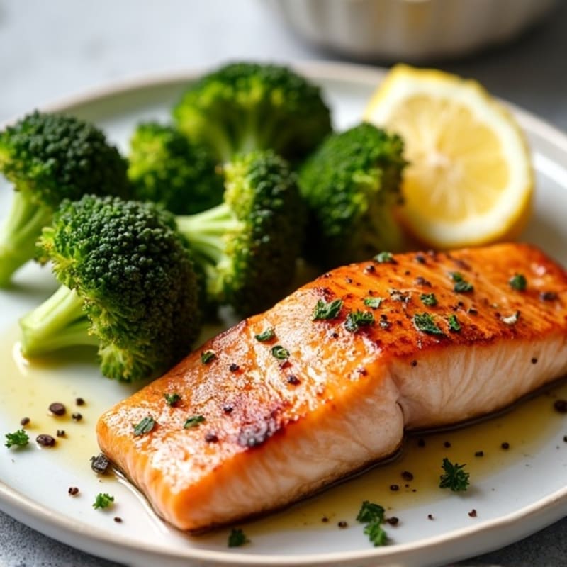 Seared Salmon with Garlic Roasted Broccoli