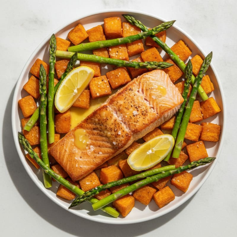 Seared Salmon with Roasted Sweet Potatoes and Asparagus