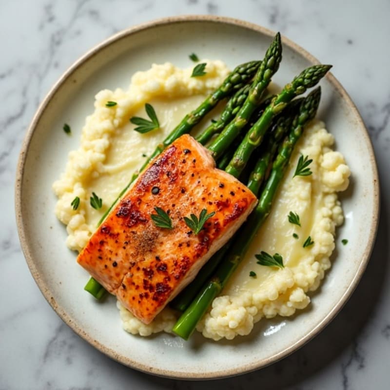 Seared Salmon with Steamed Asparagus and Garlic Cauliflower Mash