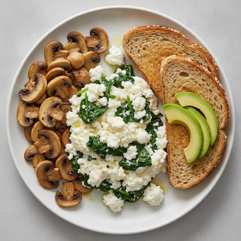 Egg White Spinach Scramble with Cottage Cheese and Sautéed Mushrooms